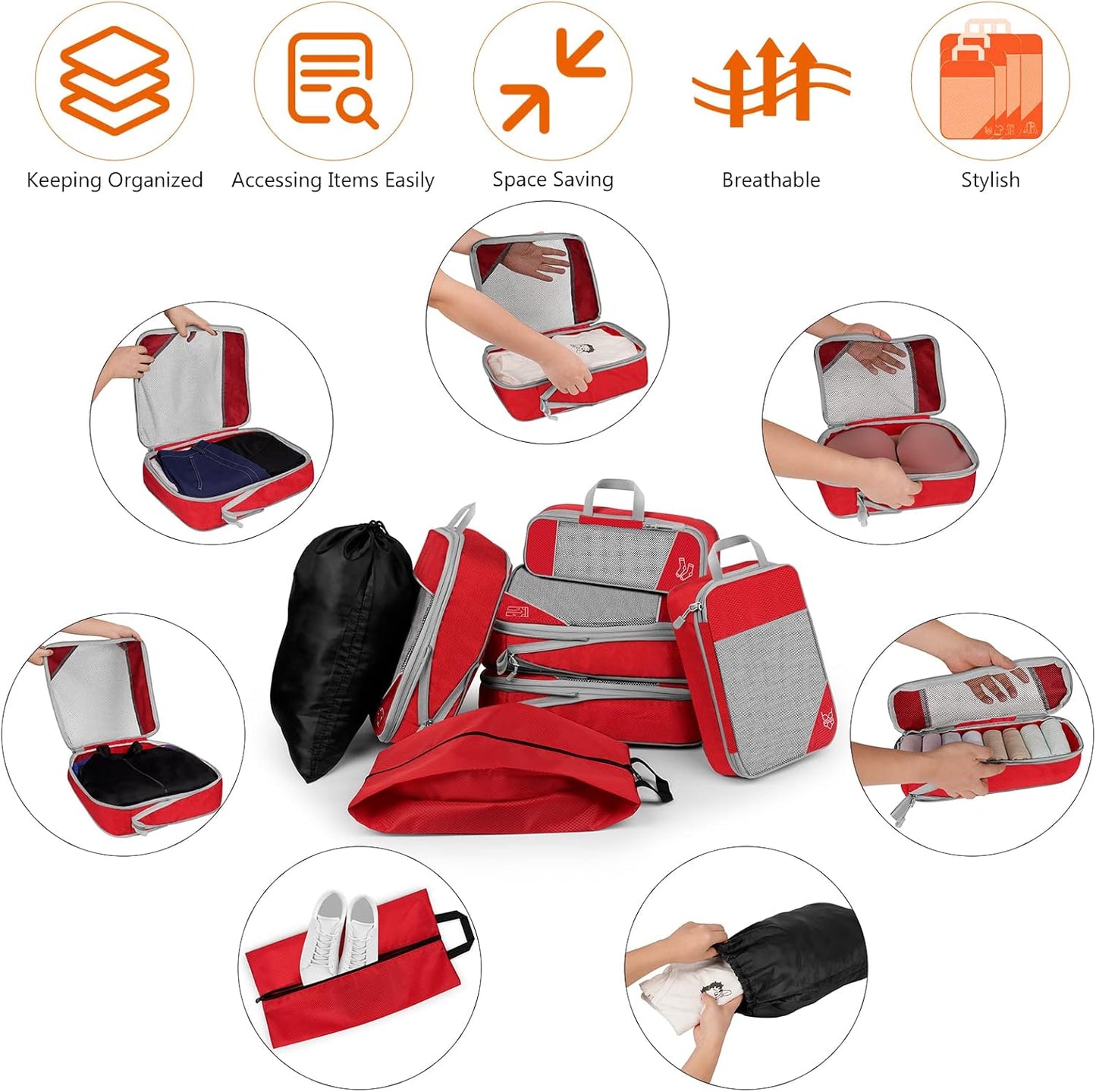 TAMOWA Suitcase Organizer Set of 7, red