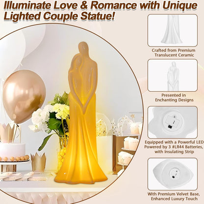 Porcelain Couple Sculpture Embracing Shape with Built-in LED Lights - Elegant Wedding/Anniversary/Engagement Gift, Romantic Home Decor, Couple Statue for Tabletop, Bedroom & Living Room Display