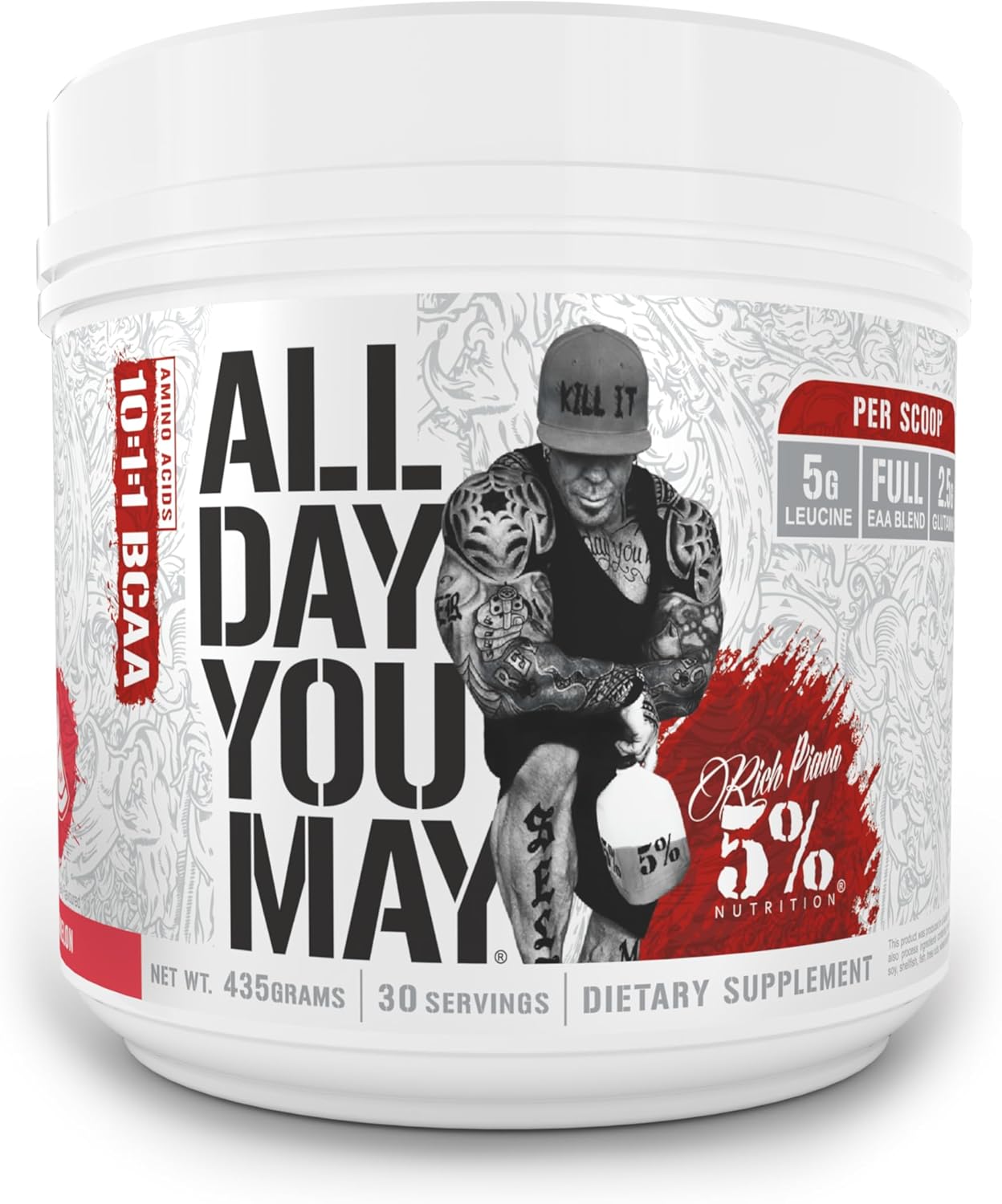 Rich Piana 5% Nutrition All Day You May - Watermelon Flavour -10:1:1 BCAA Post Workout Muscle & Joint Recovery Drink Supplement Powder, Essential Amino Acids, Sugar-Free, 435g, 30 Servings