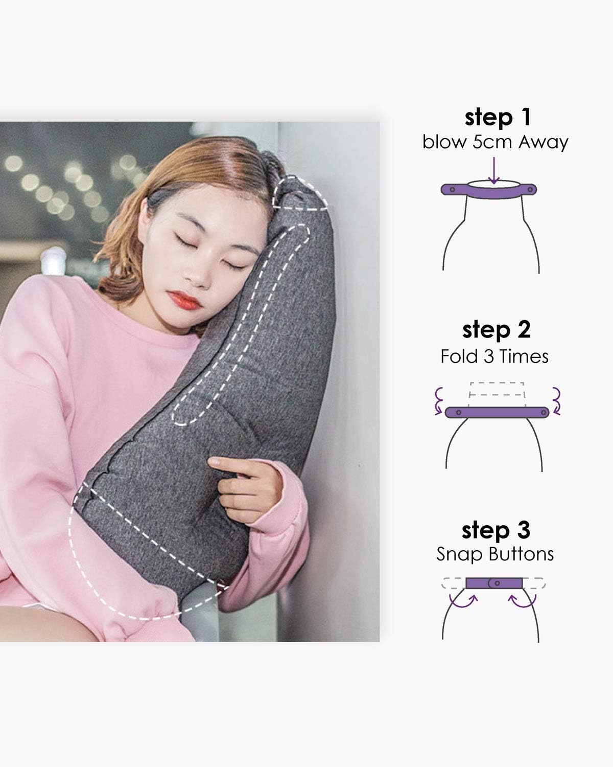 DesignNest Aubergine Pillow, Comfort in a Puff, Inflatable Ergonomic Hug Friendly, Compact Lightweight, for Napping, Lounging, Camping, Home & Travel Pillow, Dorm Decor, Grey