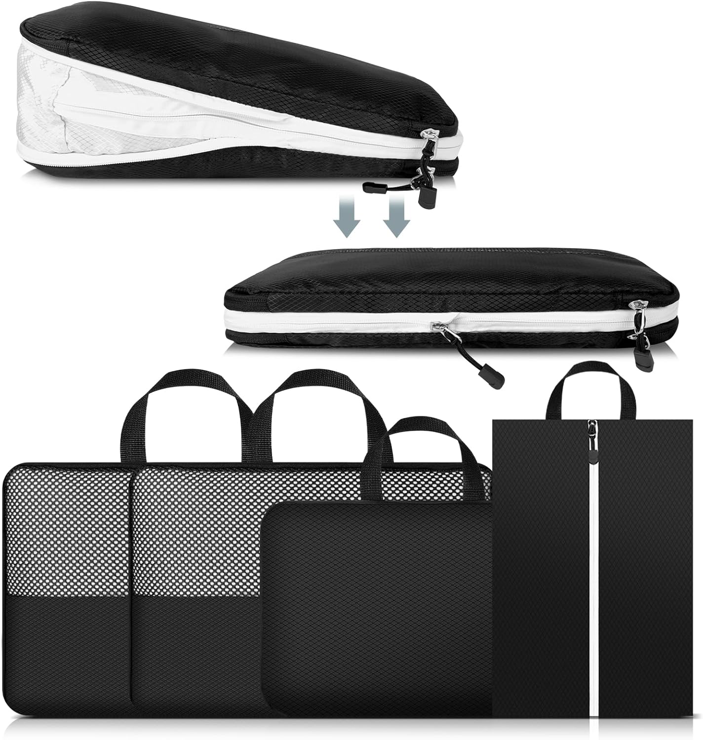 Cozary Set of 4 Double Sided Compression Bags, 3 Compression Cubes 1 Shoe Bag, Compression Packing Cubes Organizer Space-Saving Suitcase for Travel, Hiking and Cruises