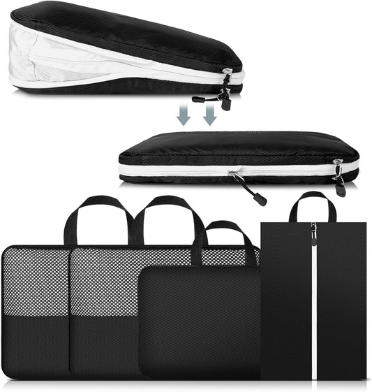 Cozary Set of 4 Double Sided Compression Bags, 3 Compression Cubes 1 Shoe Bag, Compression Packing Cubes Organizer Space-Saving Suitcase for Travel, Hiking and Cruises