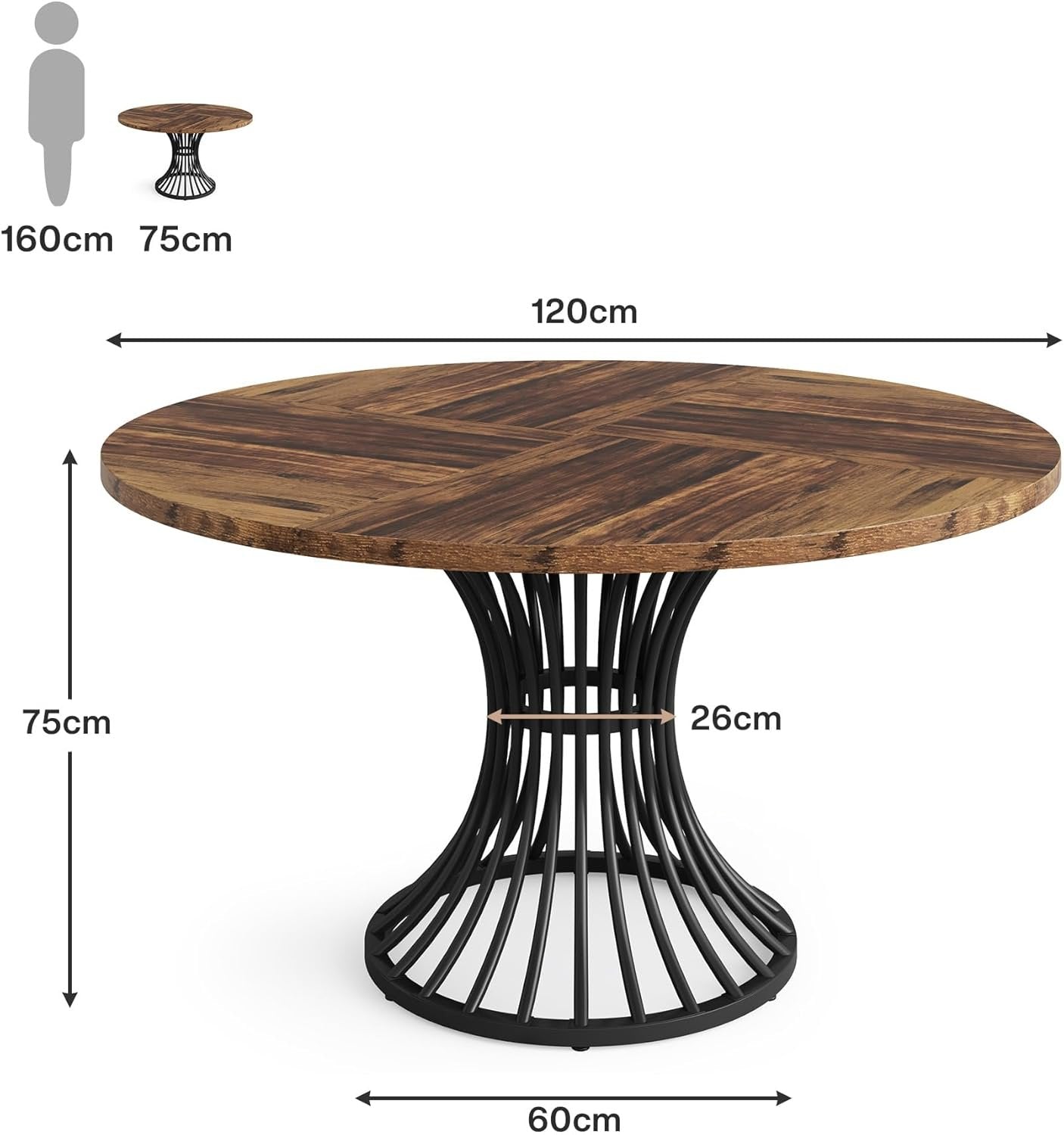 Tribesigns Round Dining Table for 4-6 People, 47-Inch Farmhouse Dinning Room Table Circle Kitchen Table, Industrial Dinner Table with Metal Base for Kitchen, Living Room, Rustic Brown