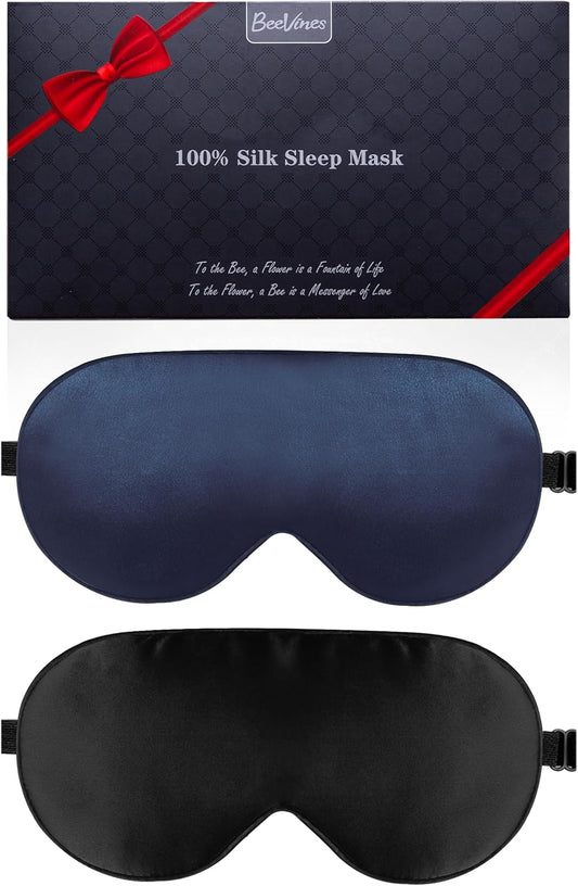 Silk Sleep Mask, 2 Pack 100% Real Natural Pure Silk Eye Mask with Adjustable Strap, Eye Sleeping Mask, BeeVines Eye Sleep Shade Cover for Summer Travel Reduces Puffy Eyes (Black & Blue)