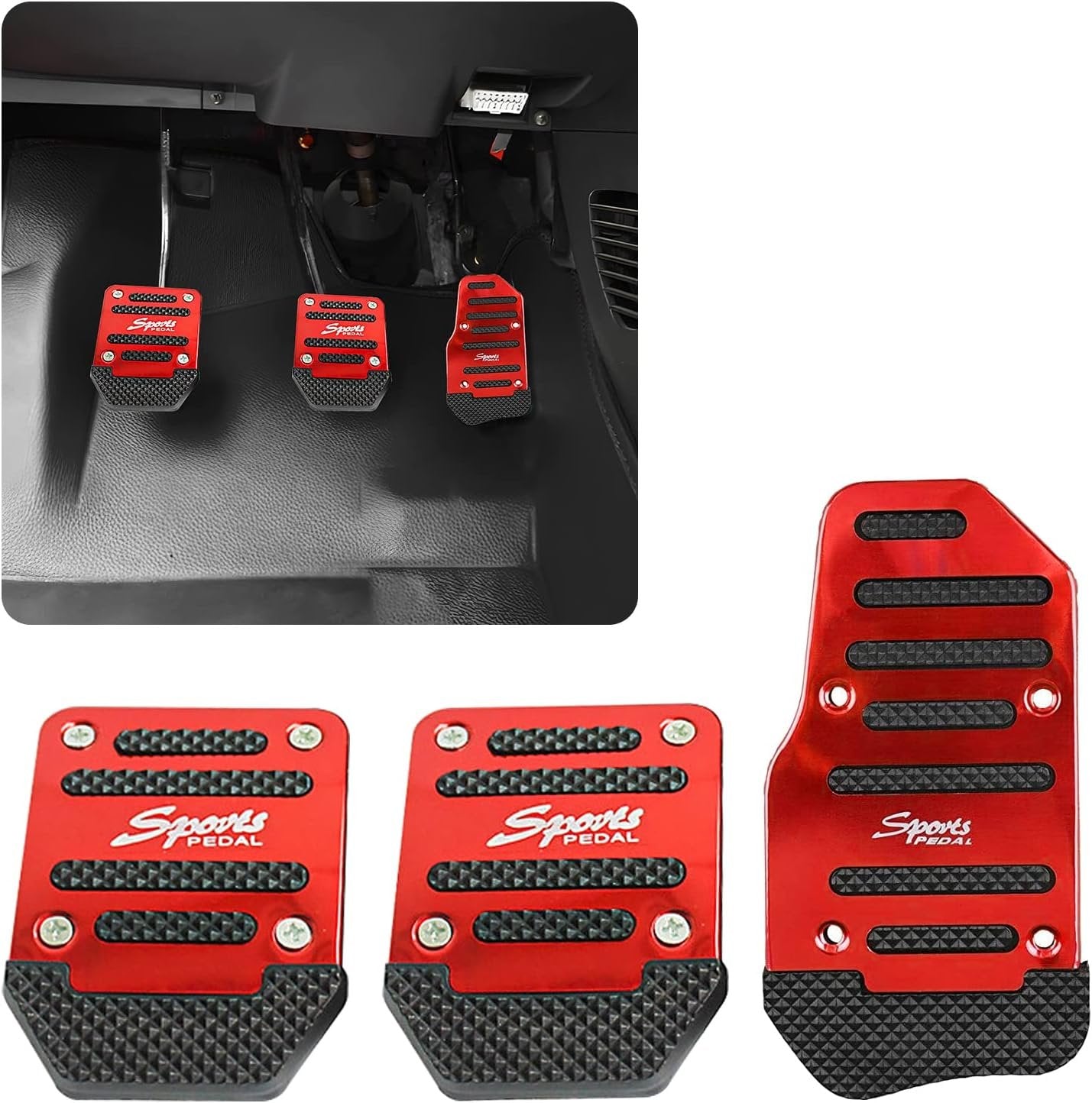 jeseny 3 PCS Car Non-Slip Aluminum Alloy Pedal Pads, Manual/Automatic Gearbox Gas Pedal Brake Pedal Cover, Anti-rubbing Car Clutch Pedal Kits, Auto Universal Replacement Accessories (Red)