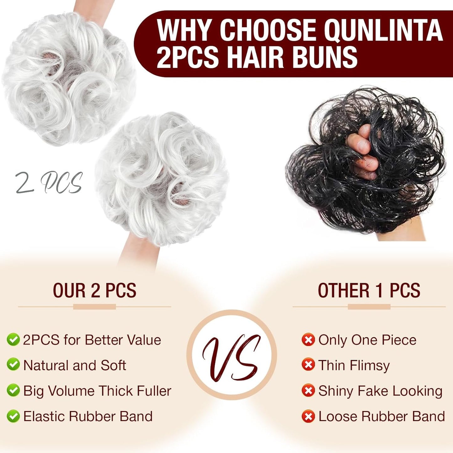 Qunlinta 2 PCS Large Messy Bun Hair Piece, Thick Wavy Curly Hair Bun Scrunchies Extensions Synthetic Chignon Updo Hairpieces for Women Girls Silver Grey