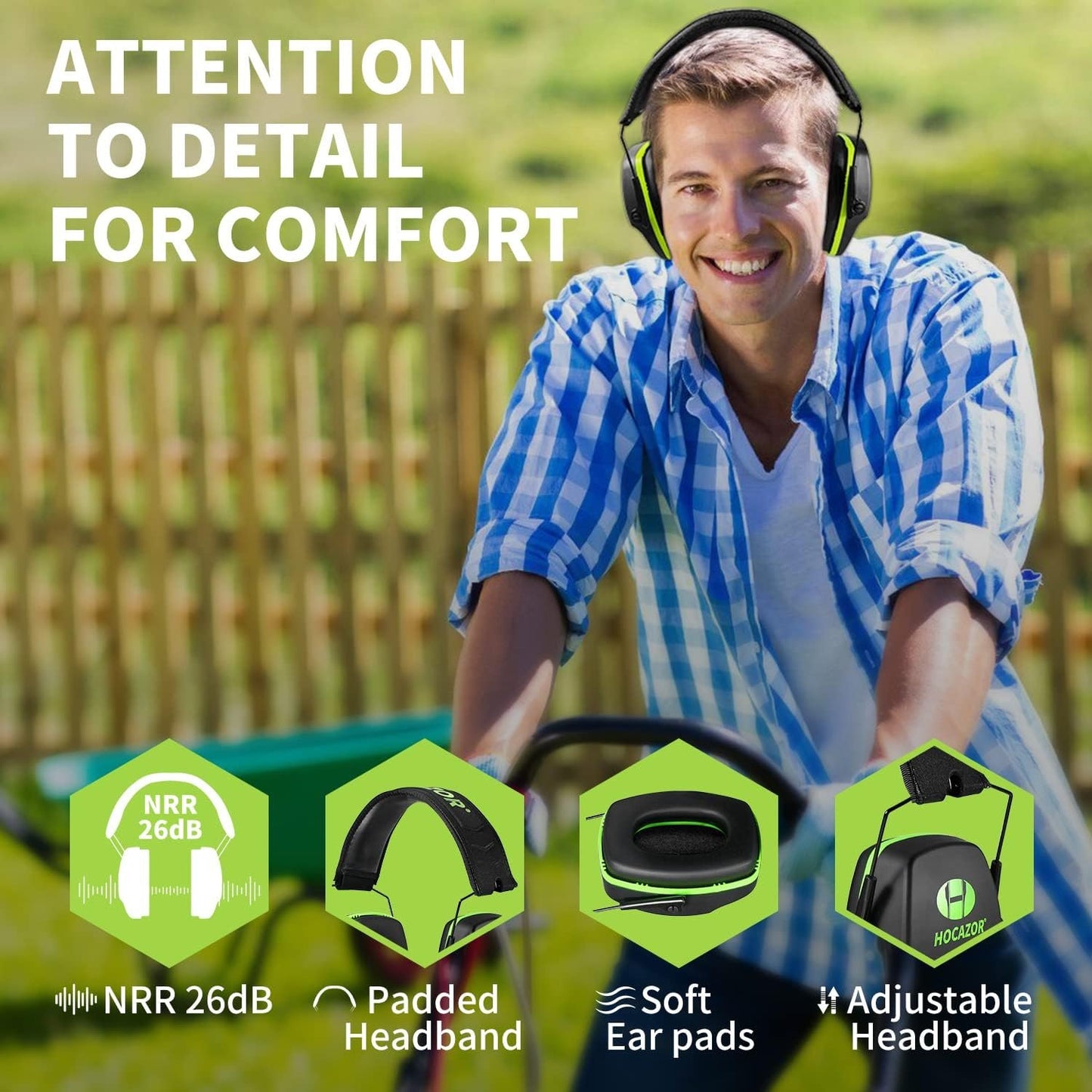 Hocazor Shooting Ear Protection Earmuffs with NRR 26dB, Safety Glasses for Men, Eyes and Ears Belt Clip Holder, HZ03 Perfect for Gun range, Hunting, Mowing-Green