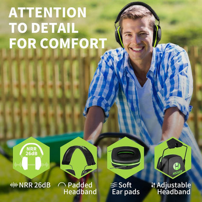 Hocazor Shooting Ear Protection Earmuffs with NRR 26dB, Safety Glasses for Men, Eyes and Ears Belt Clip Holder, HZ03 Perfect for Gun range, Hunting, Mowing-Green
