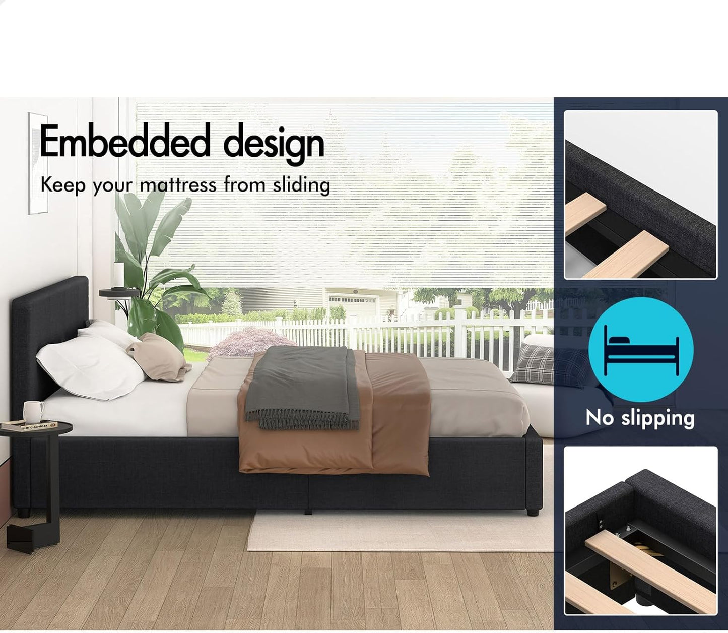 ALFORDSON Bed Frame with Gas Lift Storage Base Double Size, Bed Platform Foundation with Linen Fabric Upholstered Tufted Headboard for Mattress Topper, Tricia Fabric Charcoal