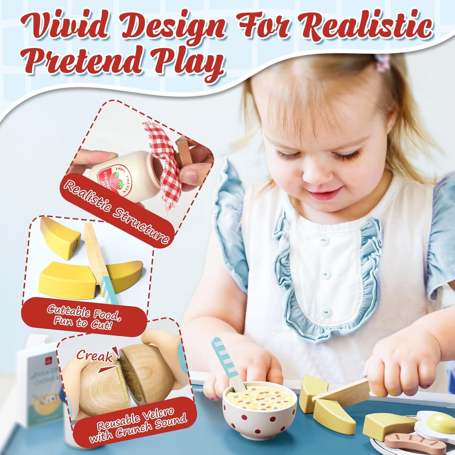 Lehoo Castle Play Food, Pretend Wooden Role Play Food Set, Play Kitchen Toy, Toddler Toys Cutting Fruit Breakfast, Kitchen Accessories Cutting Food Toys for Kids Ages 3+