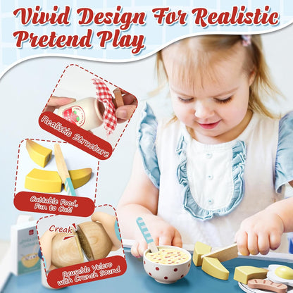 Lehoo Castle Play Food, Pretend Wooden Role Play Food Set, Play Kitchen Toy, Toddler Toys Cutting Fruit Breakfast, Kitchen Accessories Cutting Food Toys for Kids Ages 3+