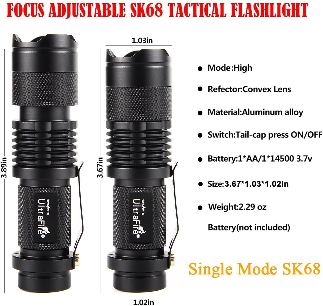 3 Pack UltraFire Mini Flashlights Focus Adjustable SK68 Single Mode Tactical LED Flashlight, Ultra Bright 300 Lumens Torch