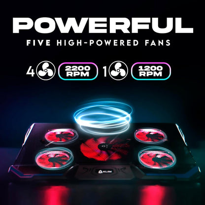 KLIM Cyclone Laptop Cooling Pad - New - 5 Fans Cooler - No More Overheating - Increases PC Performance and Life Expectancy - Ventilated Support for Laptop PS5 and PS4 - Red