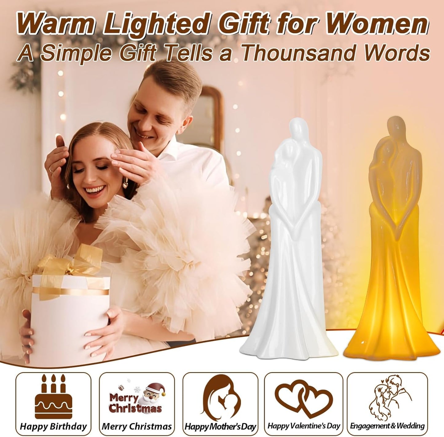 Porcelain Couple Sculpture Embracing Shape with Built-in LED Lights - Elegant Wedding/Anniversary/Engagement Gift, Romantic Home Decor, Couple Statue for Tabletop, Bedroom & Living Room Display