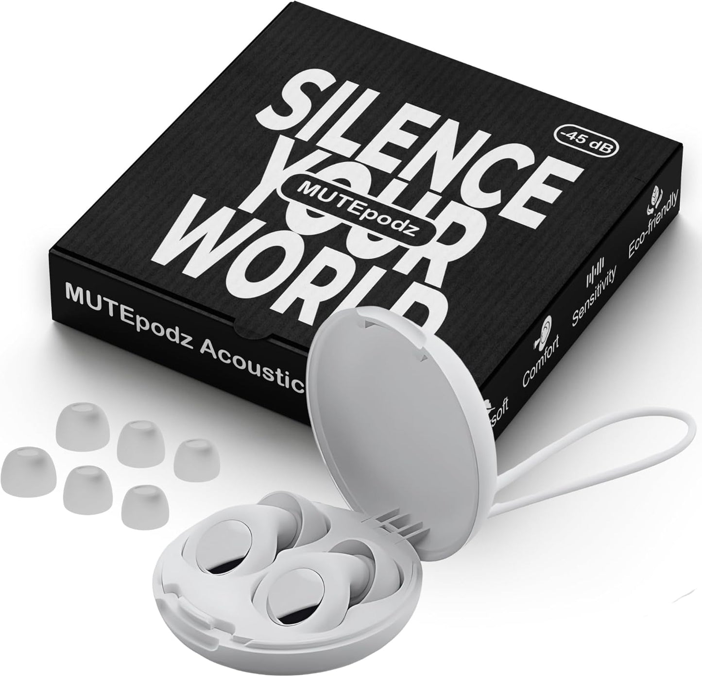 MUTEpodz Ear Plugs for Sleeping Noise Cancelling, 45dB Hearing Protection, Reusable, Super Soft Flexible Silicon Ear Plugs for Sleep, Concerts, Swimming, Anti Snoring, Focus, Travel, 8 Tips Earplugs for Noise Reduction (White)