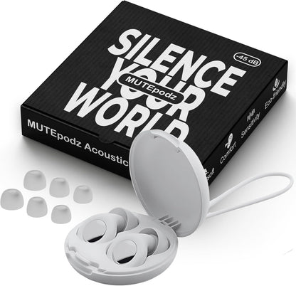 MUTEpodz Ear Plugs for Sleeping Noise Cancelling, 45dB Hearing Protection, Reusable, Super Soft Flexible Silicon Ear Plugs for Sleep, Concerts, Swimming, Anti Snoring, Focus, Travel, 8 Tips Earplugs for Noise Reduction (White)