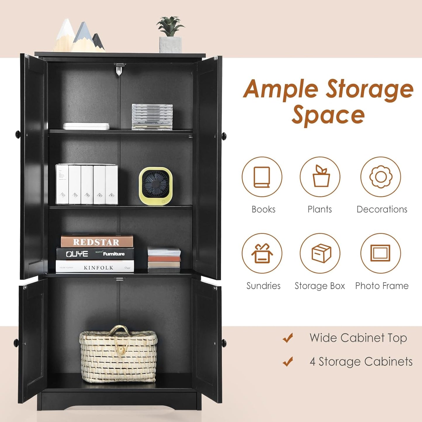 KOMFOTTEU Tall Wooden Wardrobe, Vertical Wardrobe with Adjustable Shelves, Sideboard Organizer with Anti-tipping Device, Furniture for Bedroom, Bathroom, Living Room, 58.5 x 32 x 123 cm (Black)