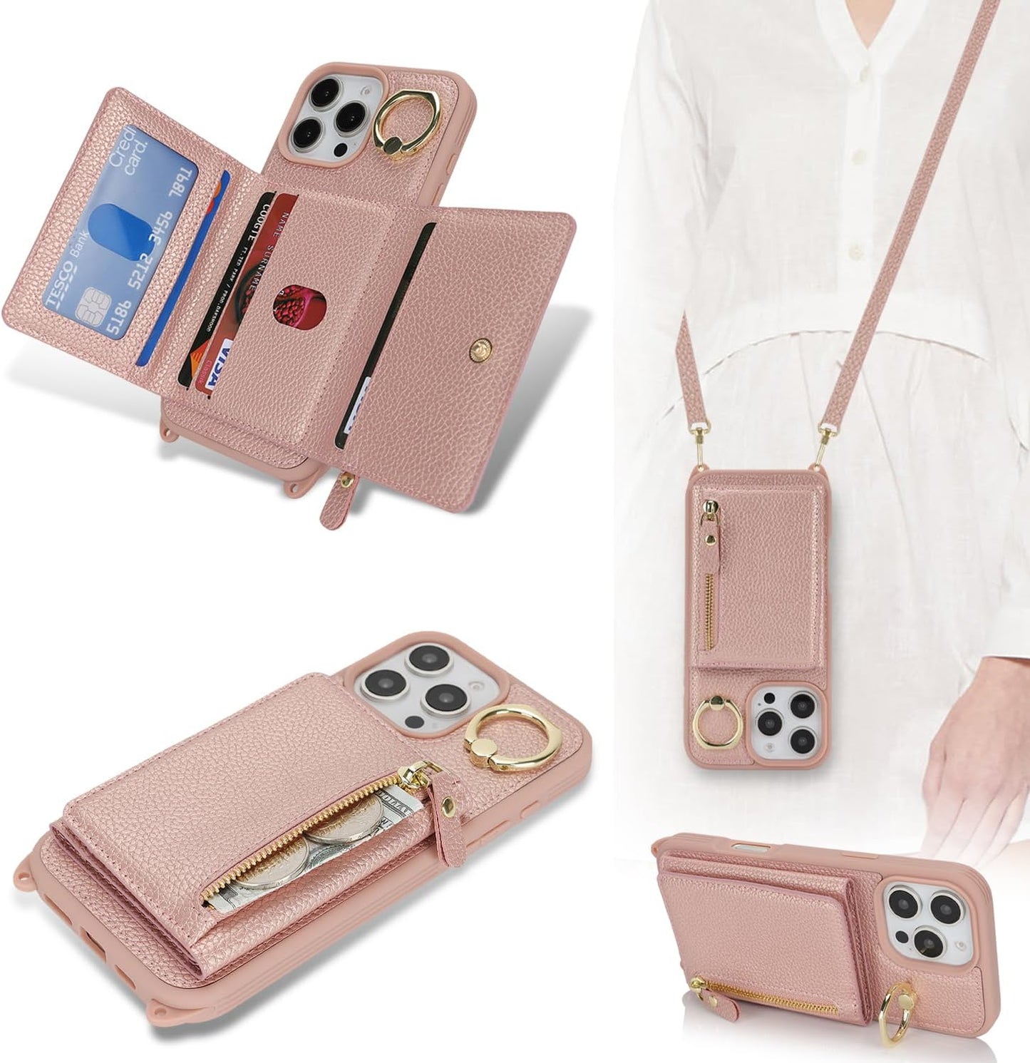 Cavor Crossbody Wallet for iPhone 16 Pro Max Leather Case for iPhone16pro Max Case 6.9'' Flip Cover Card Slots with 360°Rotation Ring Holder Kickstand & Long Shoulder Lanyard Strap-Rose