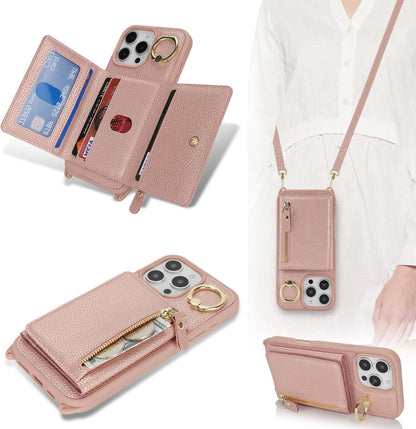 Cavor Crossbody Wallet for iPhone 16 Pro Max Leather Case for iPhone16pro Max Case 6.9'' Flip Cover Card Slots with 360°Rotation Ring Holder Kickstand & Long Shoulder Lanyard Strap-Rose