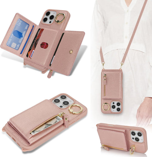 Cavor Crossbody Wallet for iPhone 16 Pro Max Leather Case for iPhone16pro Max Case 6.9'' Flip Cover Card Slots with 360°Rotation Ring Holder Kickstand & Long Shoulder Lanyard Strap-Rose