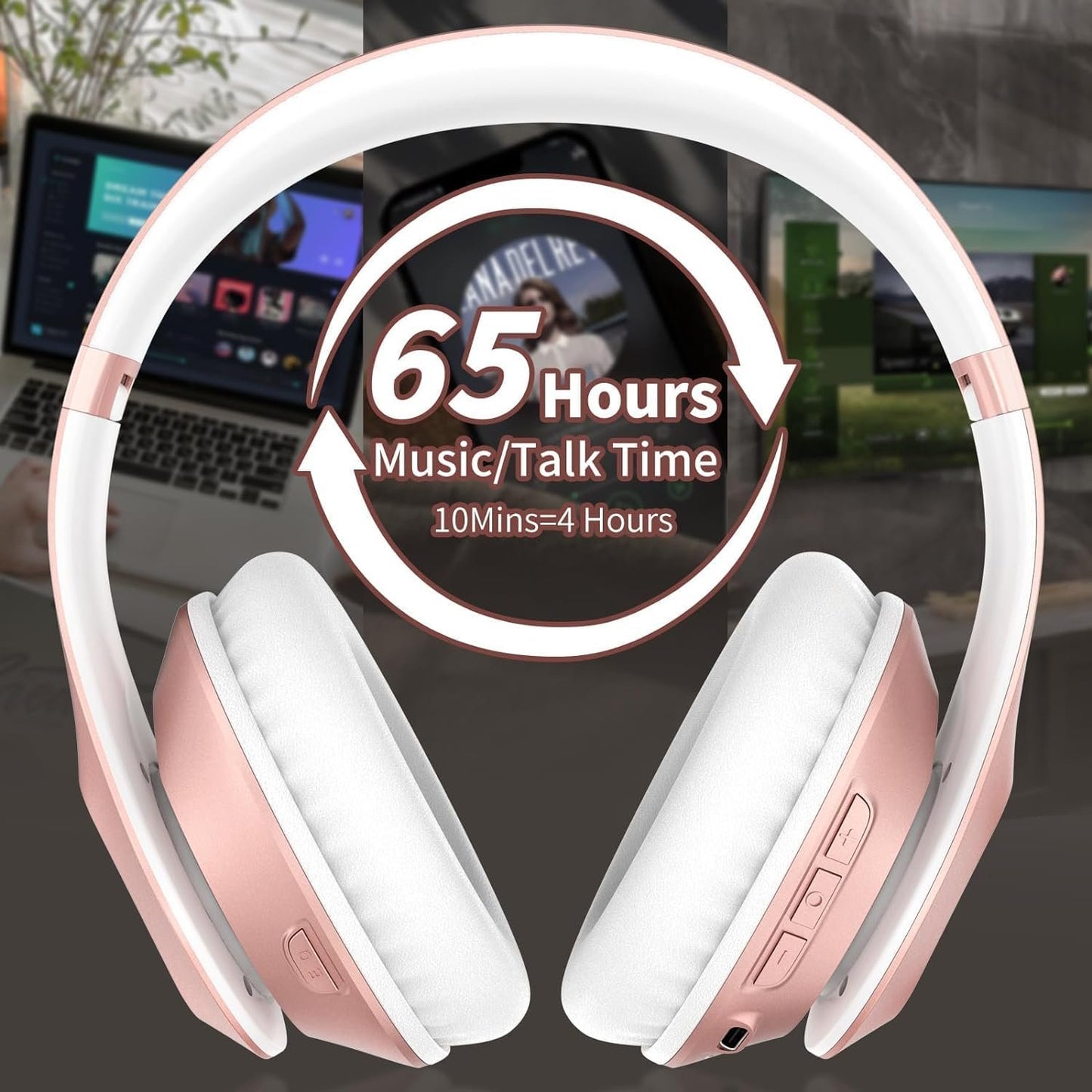 Glynzak Wireless Bluetooth Headphones Over Ear 65H Playtime HiFi Stereo Headset with Microphone and 6EQ Modes Foldable Bluetooth V5.3 Headphones for Desktop Computer Laptop Rose Gold