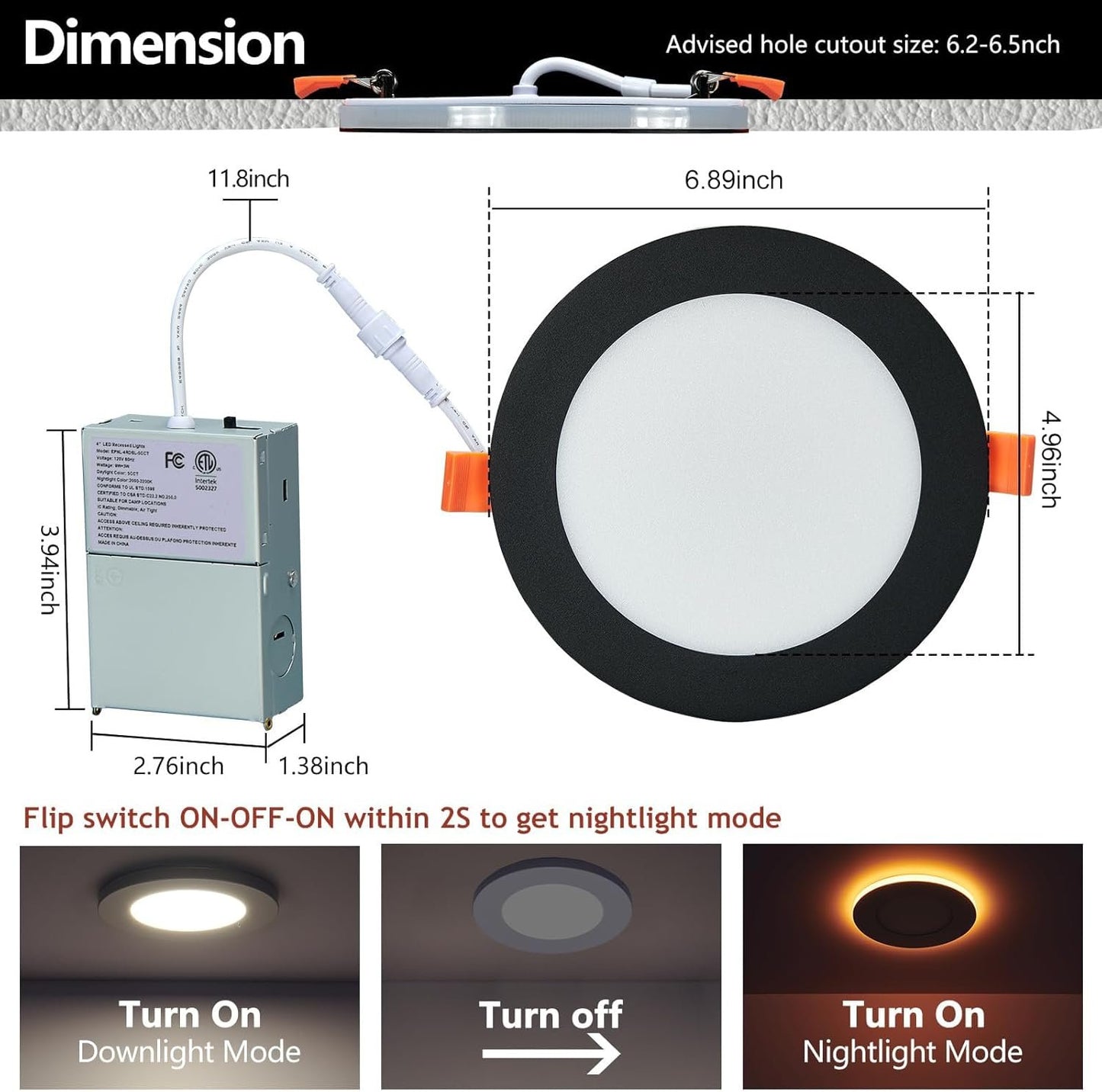 Togalonn 12 Pack Black Pot Lights 6 inch with Night Light - 5CCT Color Changing & Dimmable LED Recessed Lighting, Canless Wafer Soffit Downlight with Juction Box, 12W Eqv 100W