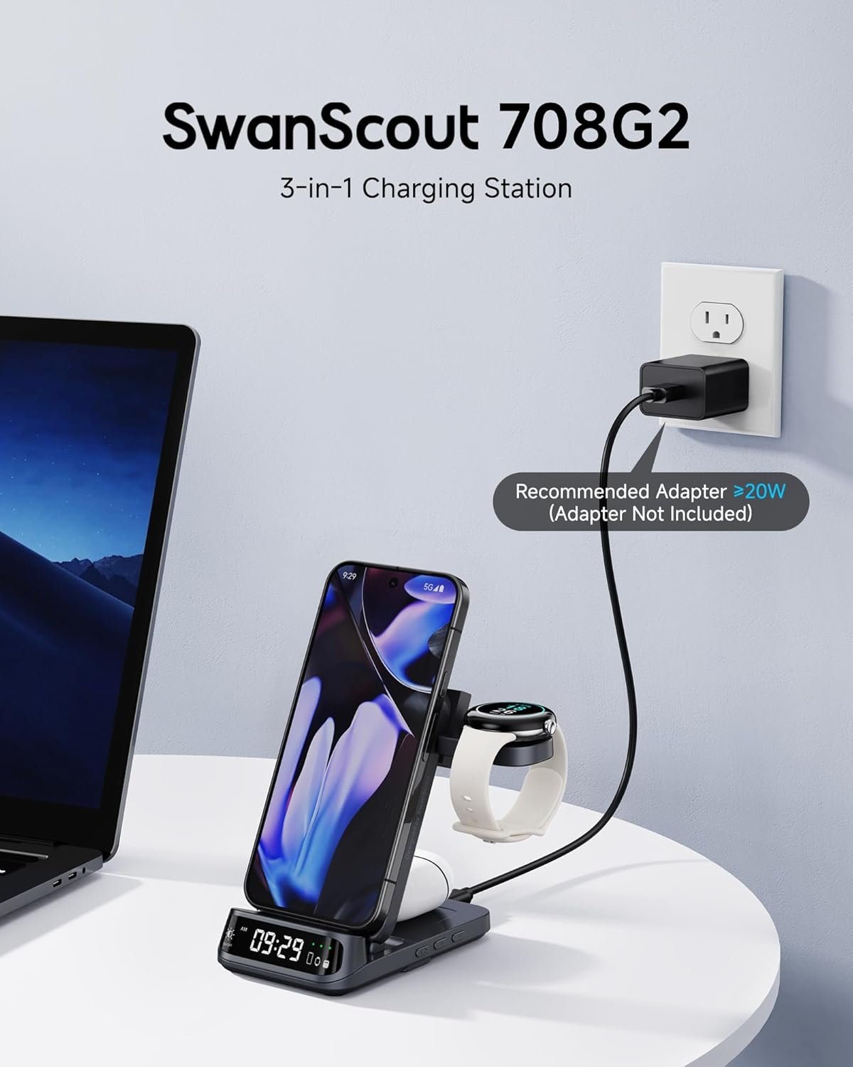 SwanScout 708G2 Wireless Charger for Pixel Watch 3/2/Fitbit Versa 4/3/Sense 2 (Not for Pixel Watch 1), 3 in 1 Charging Station for Pixel 9 Pro Fold/9 Pro/9/8 Pro/8A/7/6/5/4 (No Adapter)