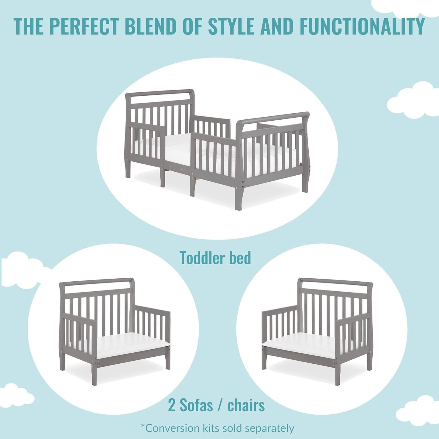 Dream On Me Emma 3-In-1 Convertible Toddler Bed In Storm Grey, Non-Toxic Finish, JPMA Certified, 4 Wooden Safety Rails, Made Of Durable New Zealand Pinewood