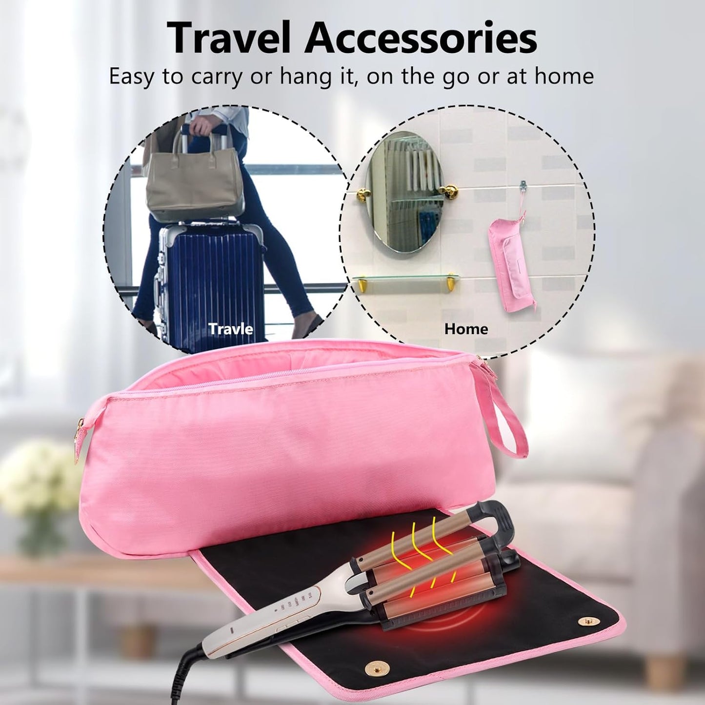 Large Hair Tools Travel Bag with Heat Resistant Mat for Straighteners, Curling Iron, Haircare Accessories, Hair Styling Tools Bag with Silicone Mat (Pink)