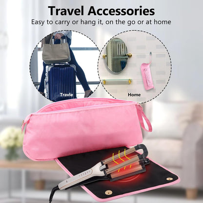 Large Hair Tools Travel Bag with Heat Resistant Mat for Straighteners, Curling Iron, Haircare Accessories, Hair Styling Tools Bag with Silicone Mat (Pink)