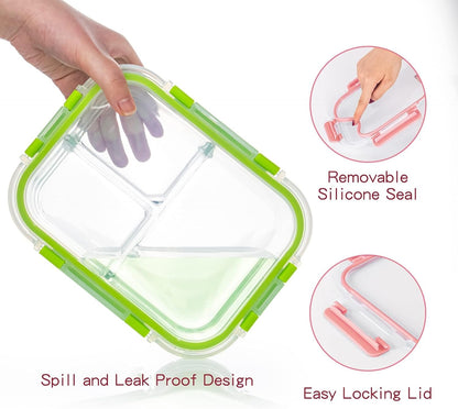 YOZOTI Glass Meal Prep Containers 3 Compartments Portion Control with Upgraded Snap Locking Lids Glass Food Storage Containers, Microwave, Oven, Freezer and Dishwasher (Black 5 Pack 3 Compartments)