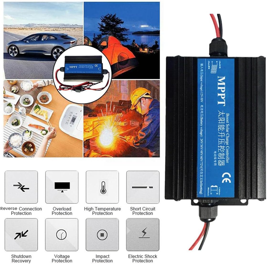 RESFNSE MPPT Boost Solar Charge Controller Charger 300W Car Battery Charging Voltage Regulator Charger Regulator 24/36/48/60/72V Easy Install Easy to Use