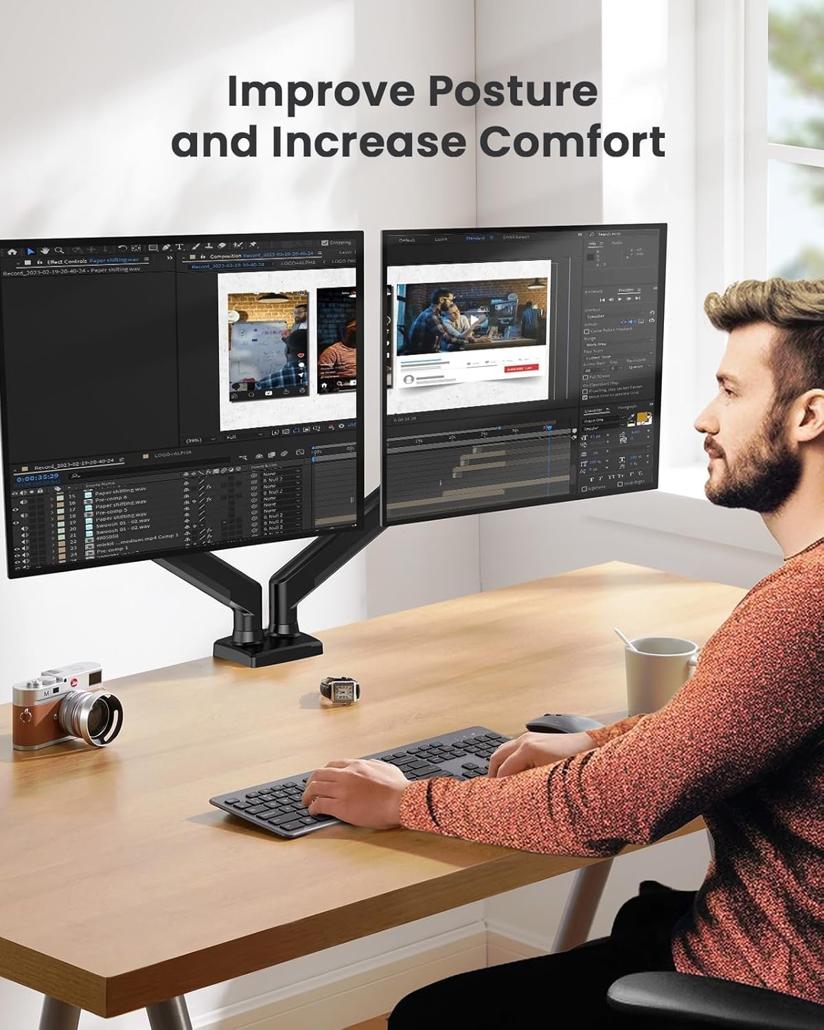 ErGear Dual Monitor Mount, Gas Spring Arm for 17"-32" Screens, Max 22 lbs Each, VESA 75/100mm, Adjustable Height, 180° Swivel, Tilt, 360° Rotation, Sturdy Steel for Office Use
