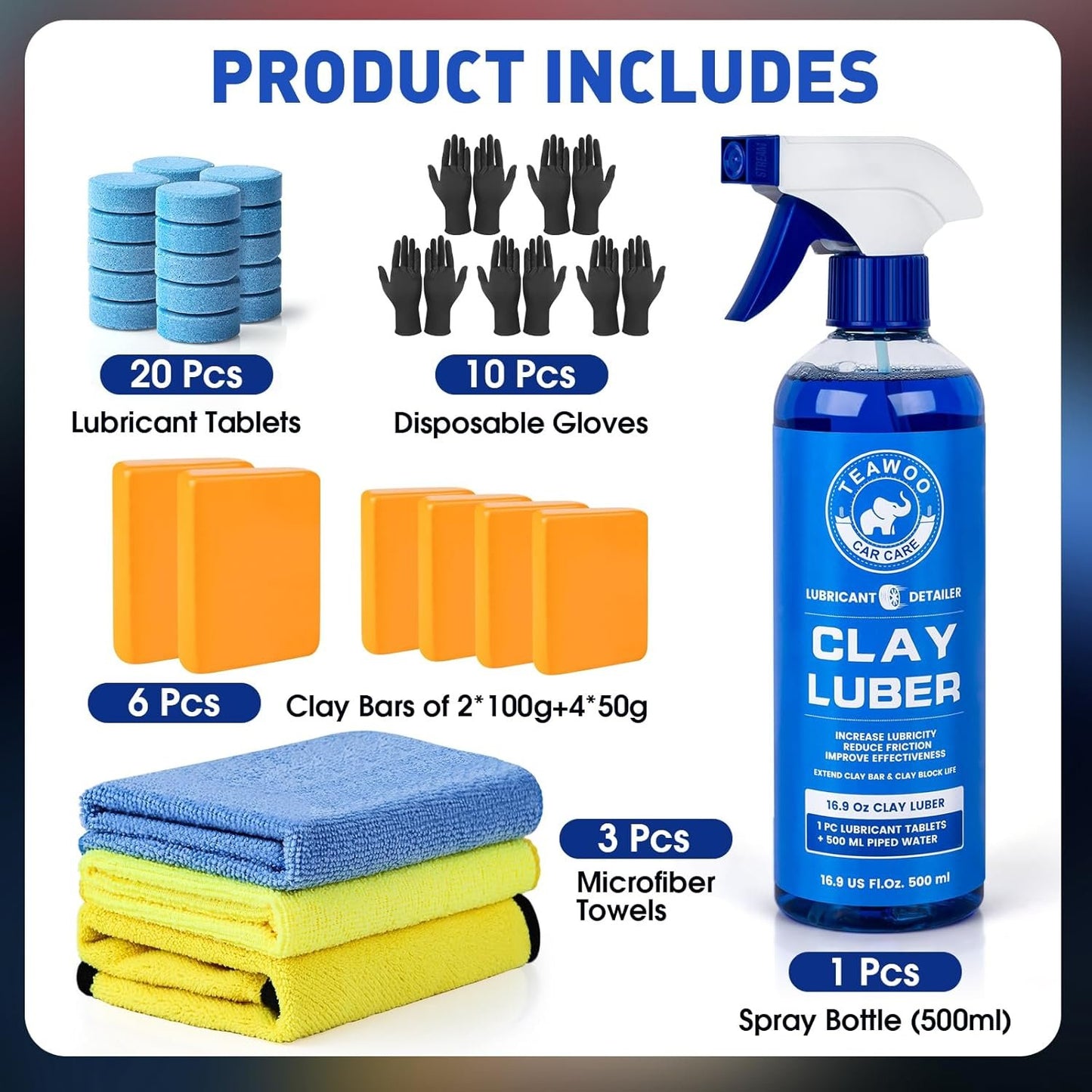 Car Clay Bars Kit, 6 Clay Bars & 20 PCS Lubricant Tablets, Complete Car Detailing Kit, Spray Bottle, Disposable Gloves and Microfiber Towels for Car Detailing Cleaning