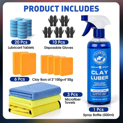 Car Clay Bars Kit, 6 Clay Bars & 20 PCS Lubricant Tablets, Complete Car Detailing Kit, Spray Bottle, Disposable Gloves and Microfiber Towels for Car Detailing Cleaning