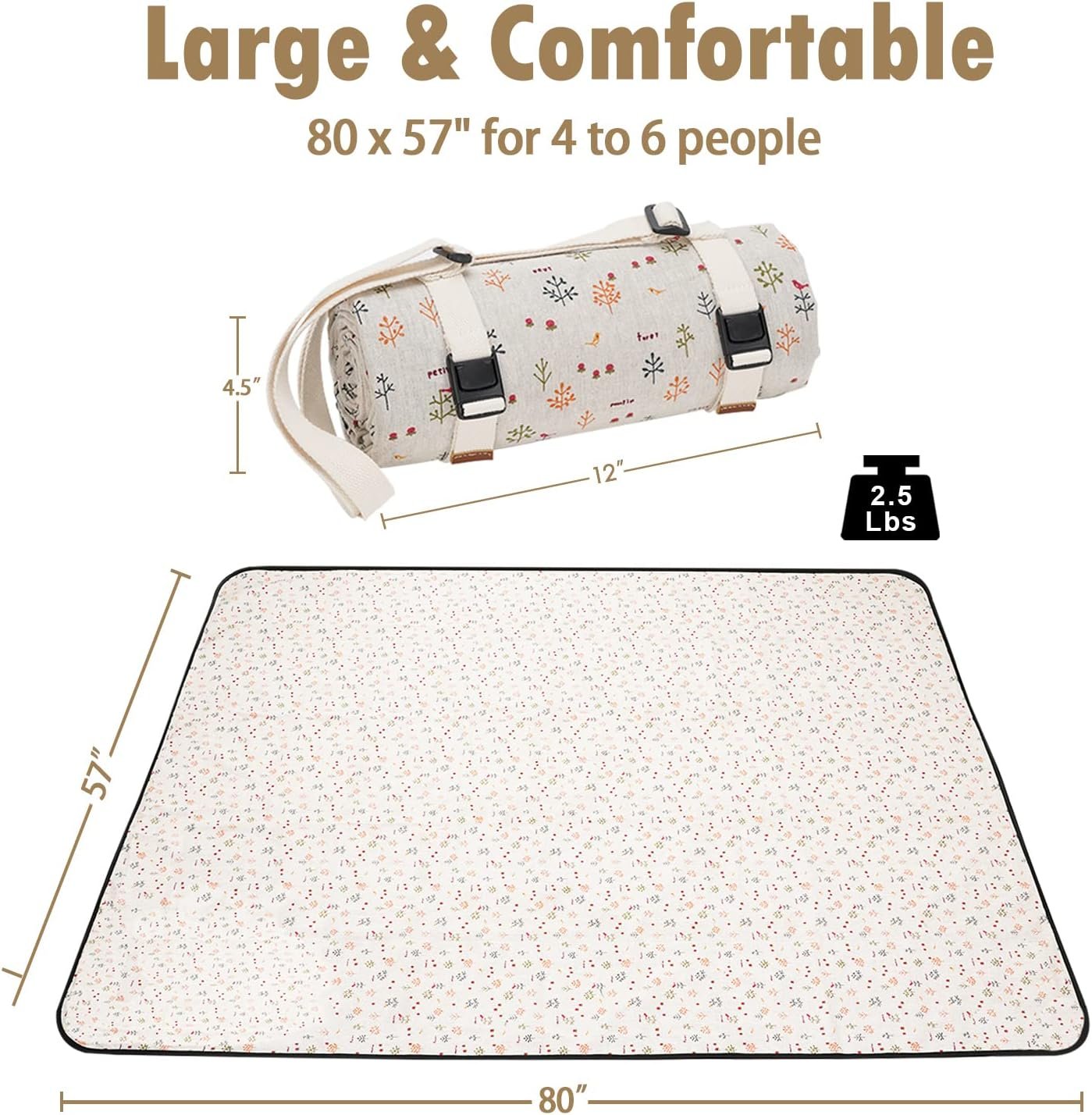 WILLOW WEAVE Picnic Blankets Washable Polyester Camping Blankets Emergency Backpack Accessories with Waterproof Backing and Shoulder Strap, 57"x79"