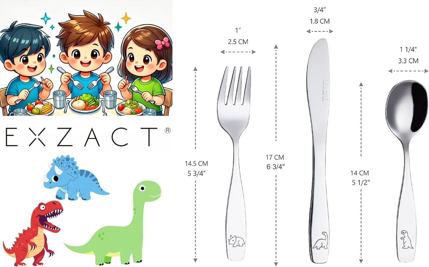 Exzact Children's Cutlery Stainless Steel 6pcs Kids Cutlery Flatware Toddler Utensils - Forks, Knives, Spoons - Dishwash Safe - 2 Years+ - Engraved Dinosaurs