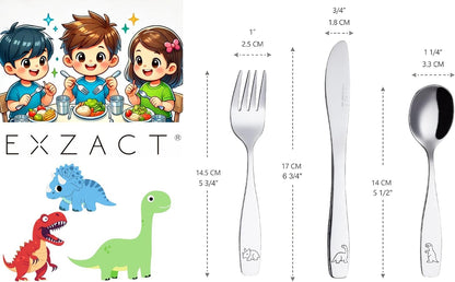Exzact Children's Cutlery Stainless Steel 6pcs Kids Cutlery Flatware Toddler Utensils - Forks, Knives, Spoons - Dishwash Safe - 2 Years+ - Engraved Dinosaurs