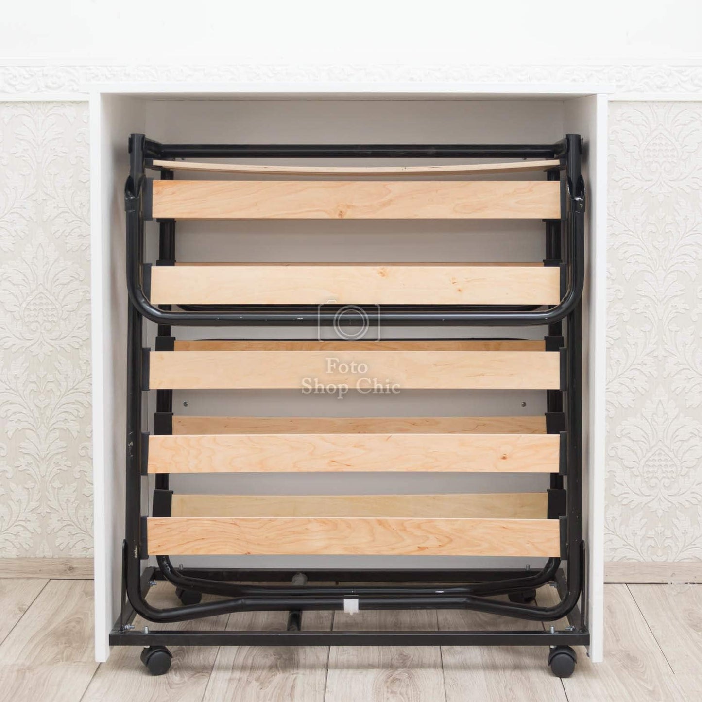LE CHIC ARREDAMENTI Folding Wooden Single Folding Bed with Wheels with Bed Base and Slatted Frame and High Density Mattress, Thickness 10 cm