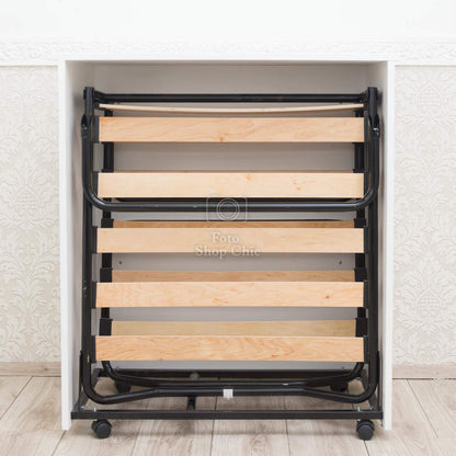 LE CHIC ARREDAMENTI Folding Wooden Single Folding Bed with Wheels with Bed Base and Slatted Frame and High Density Mattress, Thickness 10 cm