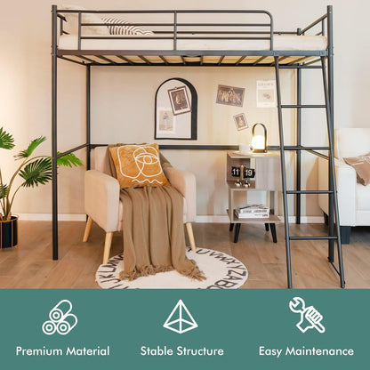 Giantex Loft Bed with Ladder, Heavy-Duty Steel Bed Frame with High Guard Rails & Ample Underneath Floor Space for Working & Relaxation, Versatile Bed Frame, No Box Spring Needed, Space-Saving (Black)