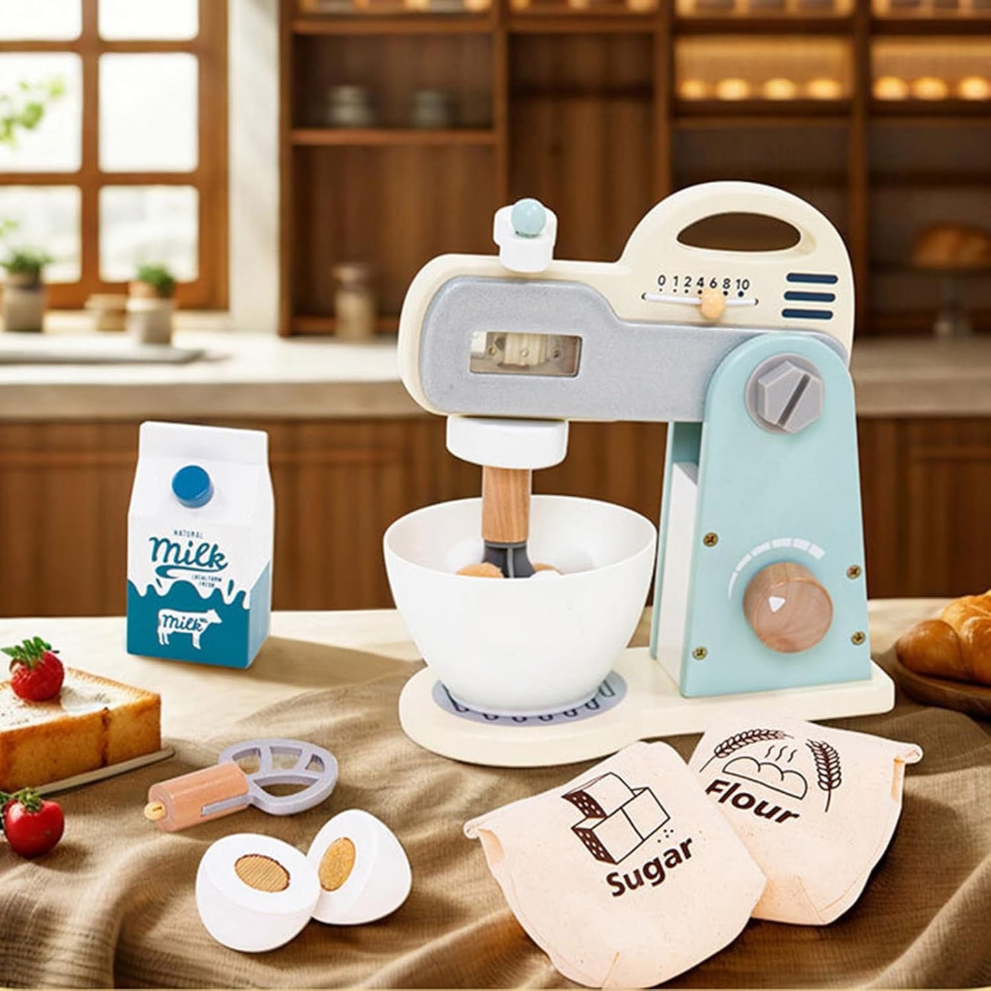 Jvjggag Blender Toy, Food Mixer Accessories, Realistic Action Wooden Kitchen Playset Equipment Pretend Play Toys for Children Girls Boys Baby Kids Aged 3-5