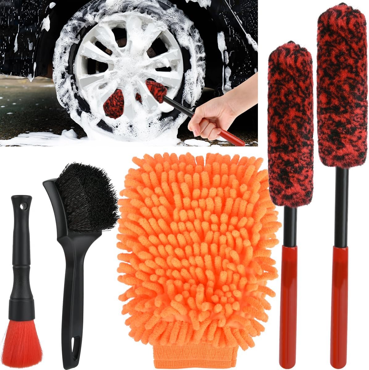OctBird 5 Car Cleaning Brushes Kit Car Detailing Brush Set for Engine, Dashboard, Rims, Seats, Ventilation (Indoor/Outdoor, Washable, All Vehicles)