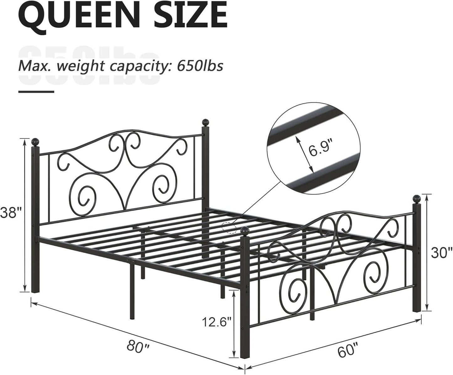 VECELO Queen Size Metal Bed Frame with Headboard and Footboard, Iron Mattress Foundation No Box Spring Needed, Heavy Duty/Easy Set Up, Black