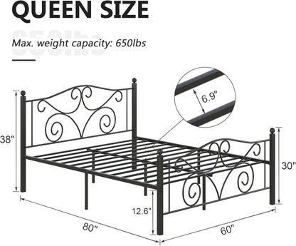 VECELO Queen Size Metal Bed Frame with Headboard and Footboard, Iron Mattress Foundation No Box Spring Needed, Heavy Duty/Easy Set Up, Black