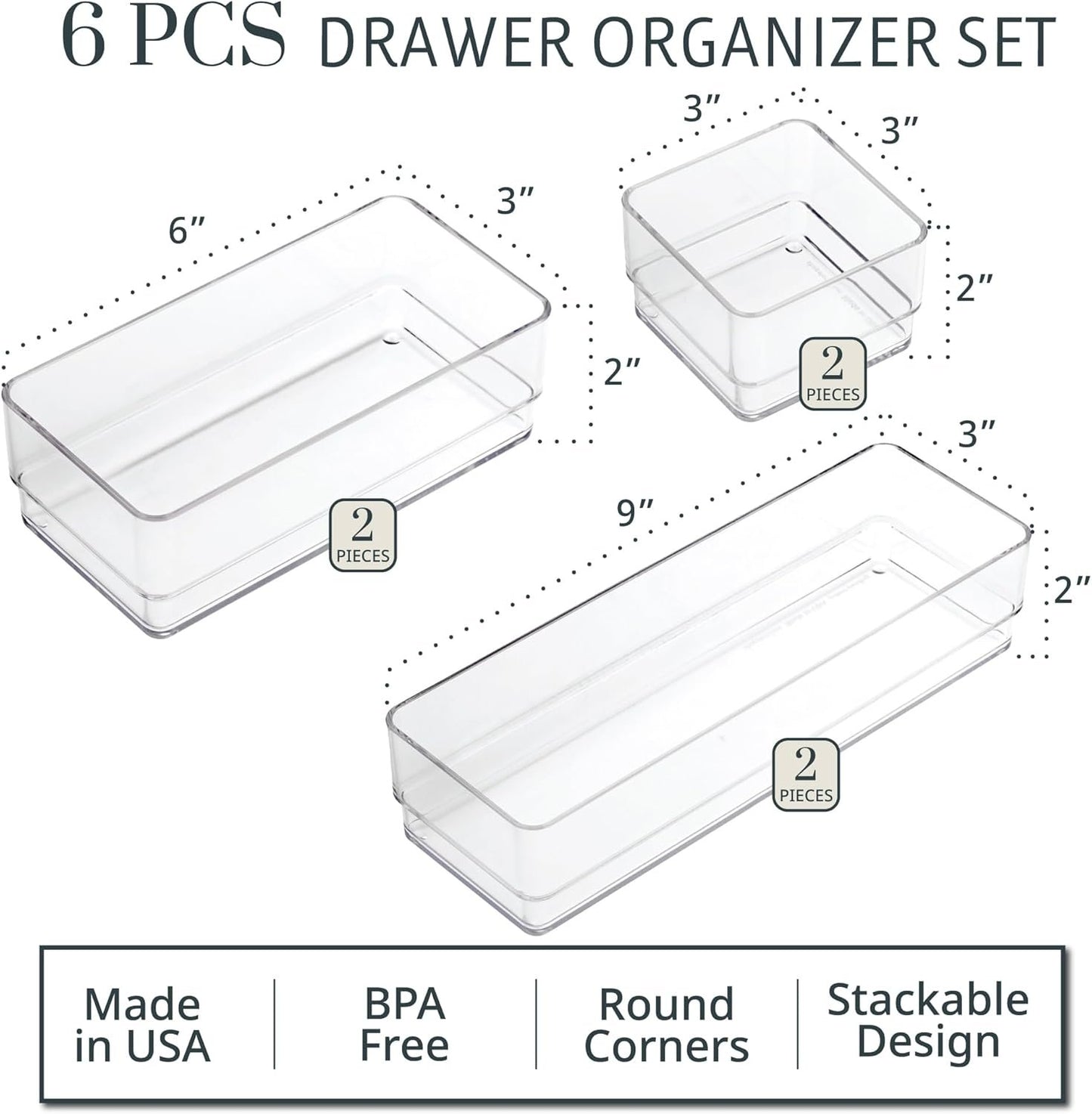 STORi SimpleSort 6-Piece Stackable Clear Drawer Organizer Set | Multi-size Trays | Small Makeup Vanity Storage Bins and Office Desk Drawer Dividers | Made in USA