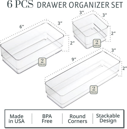 STORi SimpleSort 6-Piece Stackable Clear Drawer Organizer Set | Multi-size Trays | Small Makeup Vanity Storage Bins and Office Desk Drawer Dividers | Made in USA