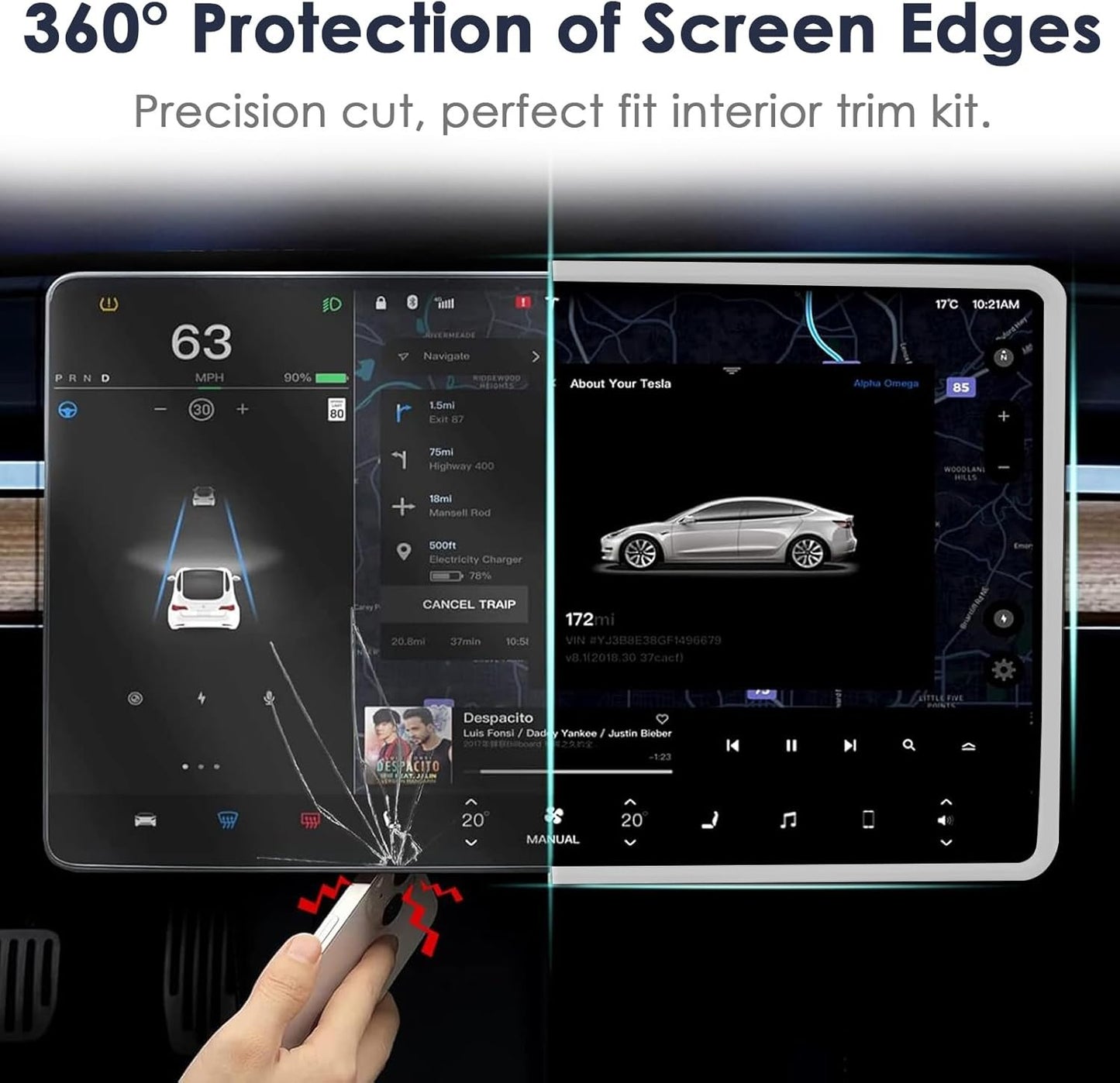 TSTESE 2PCS Protector Trim Frame Compatible with Tesla Model 3 Model Y (2019-2024 2025) Screen Edge Frame Rearview Mirror Cover Interior Silicone Decorations Center Console Decor Accessories (White)