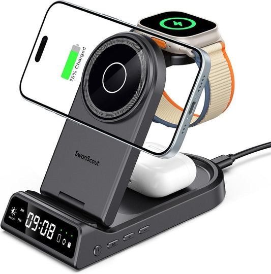 SwanScout Magnetic Wireless Charger, 4 in 1 Mag-Safe Wireless Charging Staiton for iPhone 16/15/14/13/12 Series, Portable Foldable Charger Stand for Apple Watch 10/9/8/7/6/SE/5/4 (No Adapter)