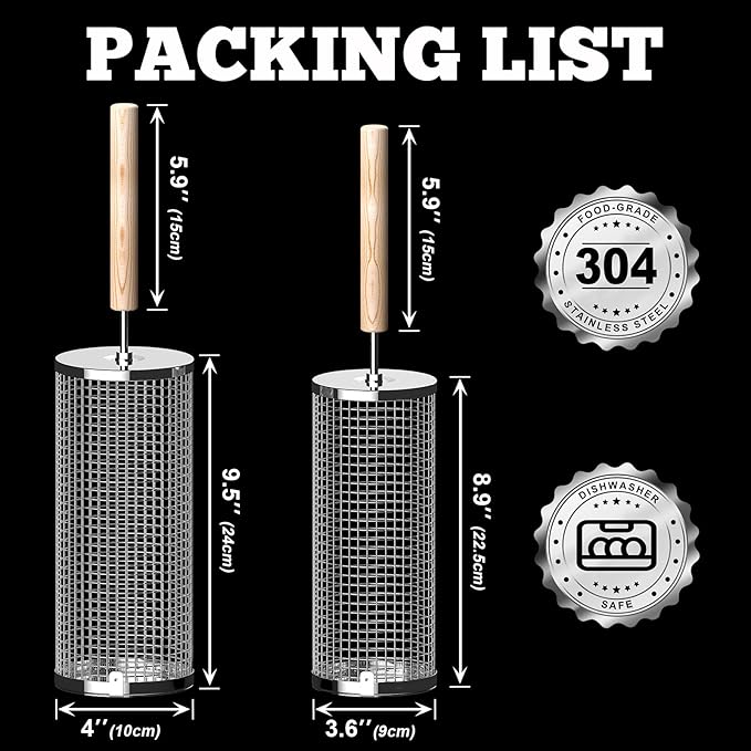 Rolling Grill Basket(2PCS), Removable Wooden Handle, 304 Stainless Steel, Nesting Grilling Net, BBQ Accessories Tool for Vegetable Shrimp, Outdoor Cooking Camping, Birthday Gifts for Men Dad Husband